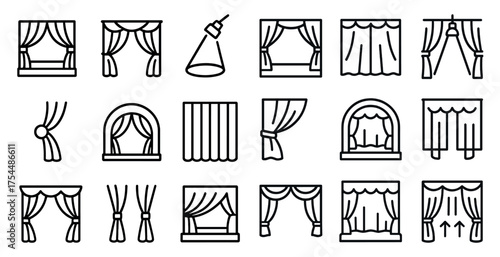 Home curtains outline icons set – window, drapery, interior design symbols