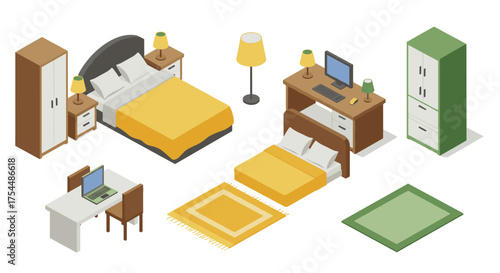 Isometric modern bedroom and study furniture set with beds, desks, and wardrobes