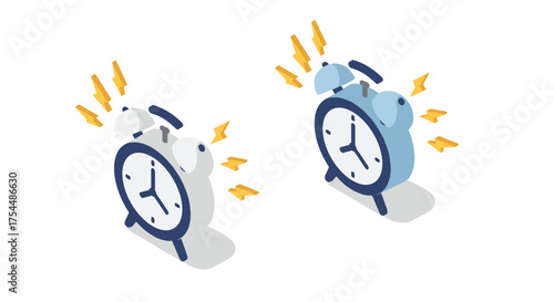 Isometric alarm clocks with ringing bells in minimalist style