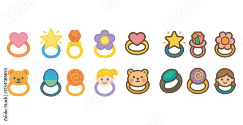 Colorful toy rings flat icons set – playful, fun, children’s accessory symbols.