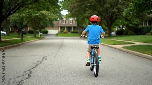 A young boy in a red helmet rides his blue bicycle down a quiet suburban street.