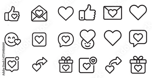 Social media line icons set – outline, heart, communication and interaction symbols
