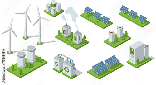 Renewable energy isometric design featuring wind turbines and solar panels