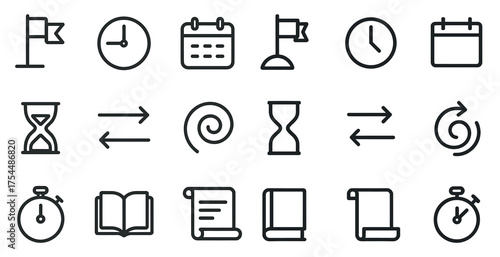 Time and schedule outline icons set – linear, clock, planner symbols