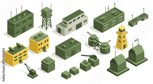 Isometric military buildings and equipment in green and yellow tones
