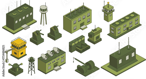 Isometric military base elements including buildings, towers, and vehicles for strategic planning
