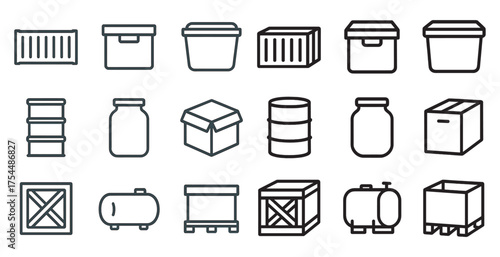 Packaging and storage outline icons set – containers, crates, organization symbols.