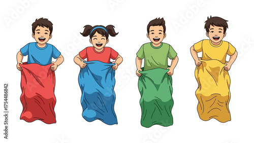 Joyful Sack Race: A vibrant illustration captures the spirited fun of a sack race, showcasing the teamwork and camaraderie of children.