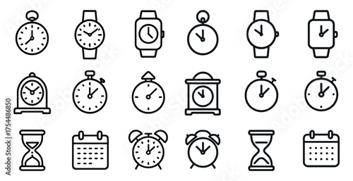 Time management outline icons set – clocks, scheduling, deadline symbols