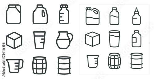 Beverage and container line icons set – solid, outline, drink and packaging symbols.