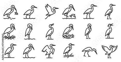 Birds and wildlife outline icons set – linear, silhouette, nature and animal symbols