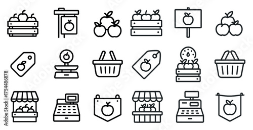 Fruit and market icons set – outline, line, farming and grocery symbols
