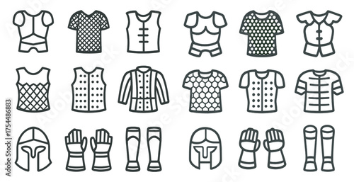 Medieval armor outline icons set – linear, knight, warrior protection symbols.