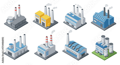 Isometric industrial buildings collection with smokestacks and chimneys