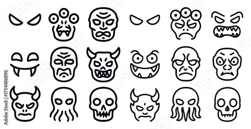 Horror and mythical outline icons set – scary, spooky, monster symbols