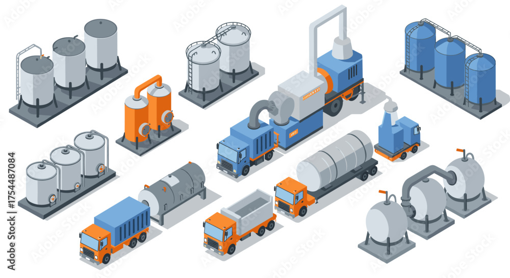 Obraz premium Isometric industrial equipment and vehicles collection for manufacturing and logistics design