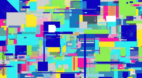 Vibrant abstract pattern featuring geometric shapes in a dynamic composition, creating a visually striking and modern design with a glitch art aesthetic