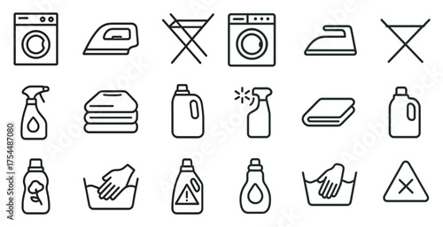 Laundry care icons set – outline, linear, cleaning and washing symbols collection.