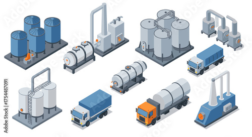 Isometric industrial equipment and tanker trucks for liquid transport