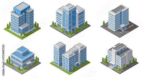 Isometric corporate buildings set with modern urban architecture design