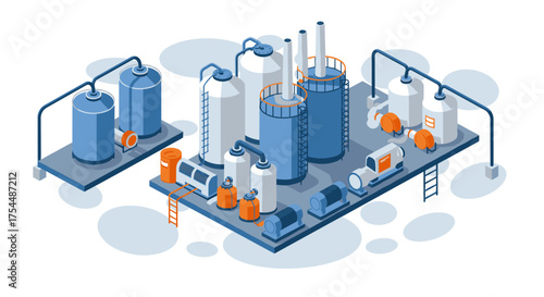 Isometric industrial plant with tanks and pipes in blue tones
