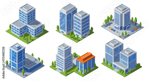 Modern urban building set with isometric design for architectural projects