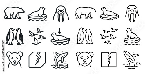 Arctic animal outline icons set – silhouette, wildlife, polar creatures