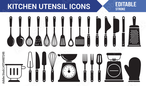 Editable line and solid style kitchen utensil icons for cooking and baking vector artwork