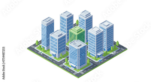 Isometric urban cityscape with modern high-rise buildings and streets