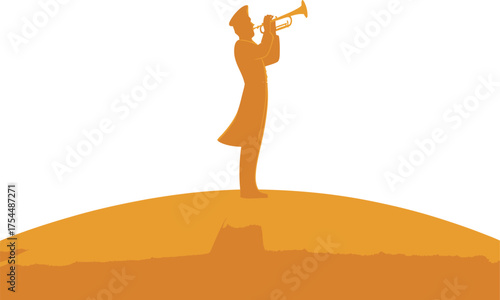 Captivating silhouette of a musician playing the trumpet on a hill, evoking feelings of nostalgia and a golden era of music, timeless and serene