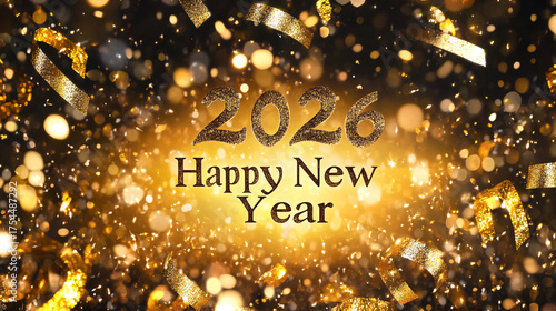 Exciting 2026 Happy New Year celebration with shimmering gold confetti and bokeh lights, perfect for festive greetings and party invitations this season