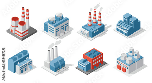 Isometric industrial buildings collection in retro style