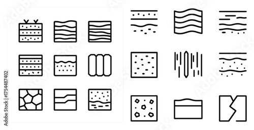 Geology and earth sciences icons set – outline style, soil, rock patterns