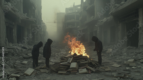 Three hooded figures burning books in a war-torn city.Three hooded figures burning books in a war-torn city symbolize censorship, cultural destruction, and social conflict.