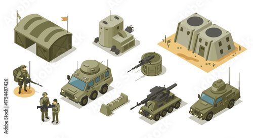 Isometric military base elements with soldiers, vehicles, and buildings