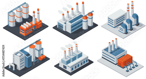 Modern industrial buildings set with isometric factory designs