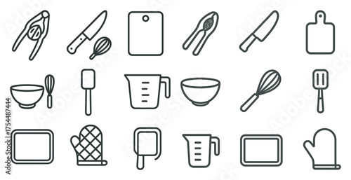 Kitchen tools outline icons set – linear, flat, cooking and baking symbols.