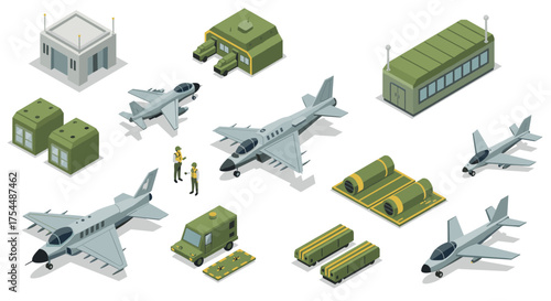 Modern isometric military airbase with fighter jets and facilities in tactical green