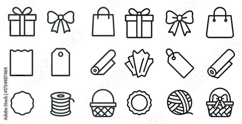 Gift shopping outline icons set – packaging, tags, retail symbols