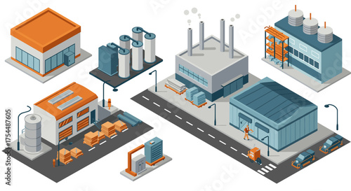 Isometric industrial complex: factories, warehouses, and logistics hub in modern design