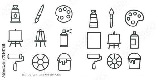 Acrylic paint art supplies icons set – outline, linear, art tools and materials.