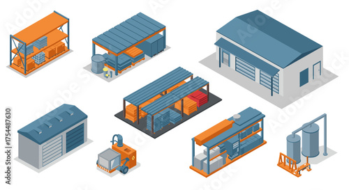 Isometric industrial warehouses and storage units with equipment
