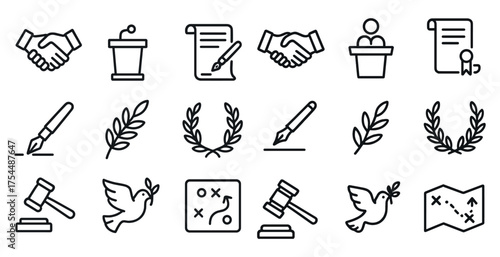 Business agreements and negotiation icons set – line, outline, handshake and contract symbols