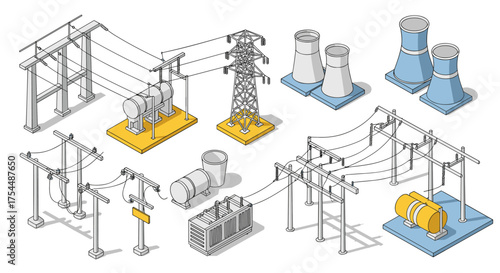 Isometric power plant structures and electric grid elements in industrial design