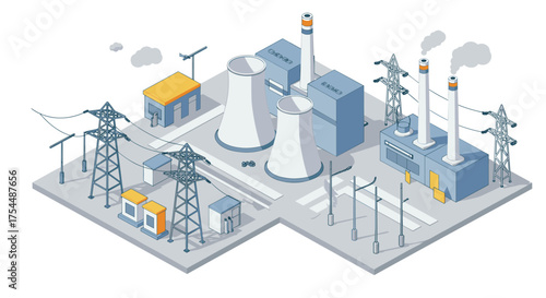 Isometric power plant model with cooling towers and power lines on a white background