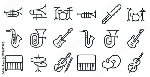 Music instruments line icons set – outline, linear, musical and band symbols