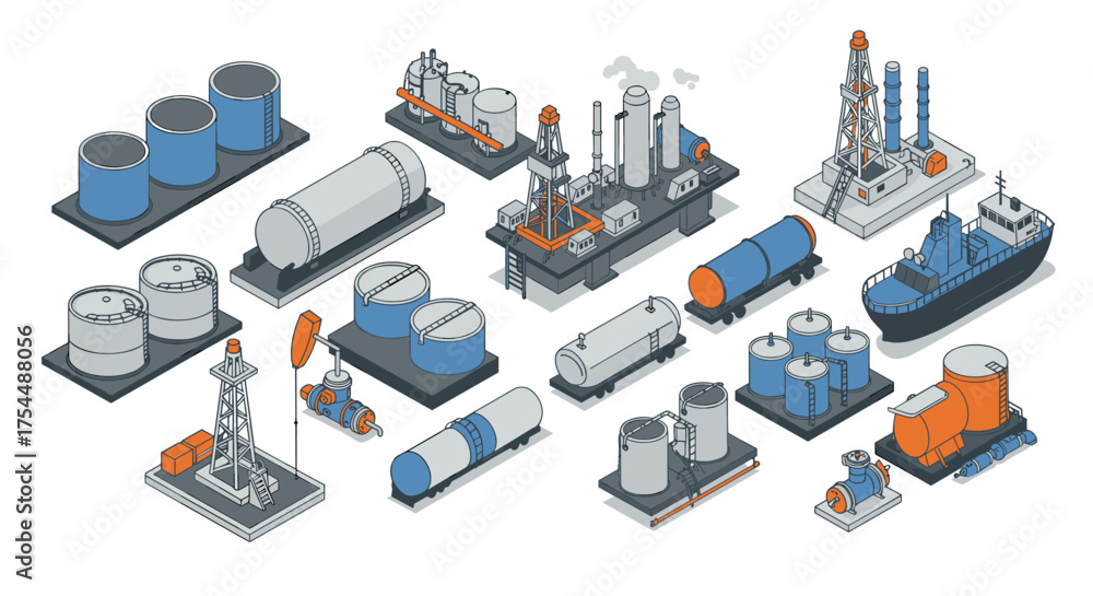 Obraz premium Isometric industrial equipment and oil refinery set for energy sector projects
