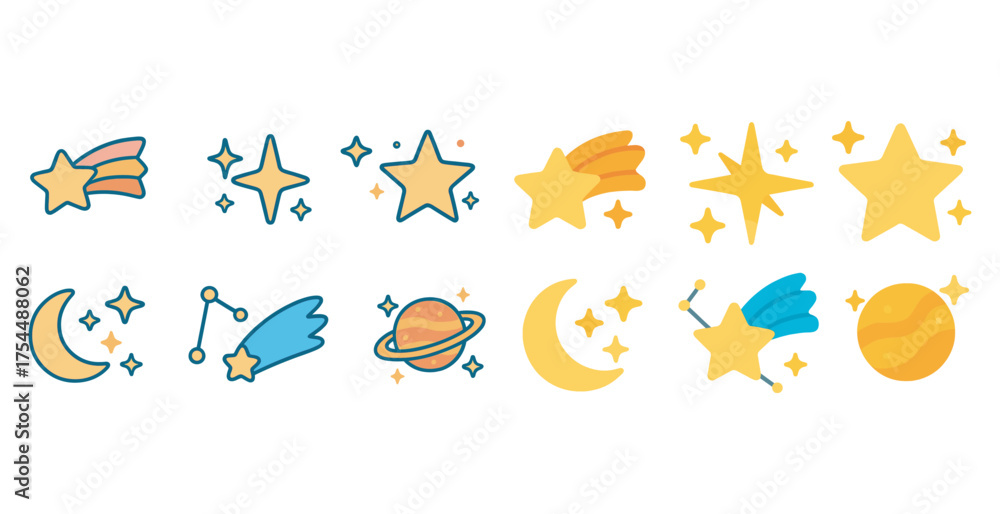 Naklejka premium Astronomy and space icons set – filled, celestial, cosmic and stargazing symbols