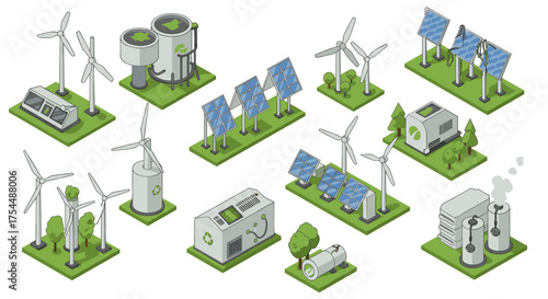 Sustainable energy sources in isometric design featuring wind turbines and solar panels