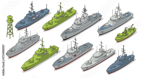 Naval fleet in isometric style featuring modern warship designs